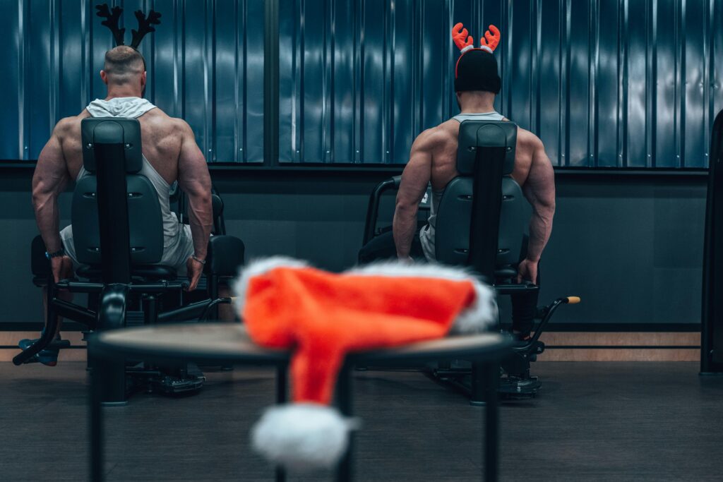 Santa working out ugly Christmas sweater