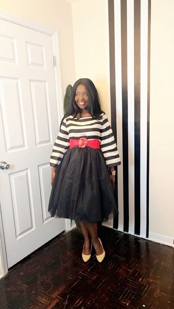 Styling black and white striped tops with skirts
