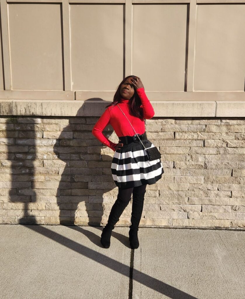 how to rock a striped Mini skirt with thigh-high boots