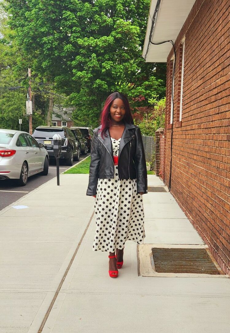 styling polka dot dresses with a leather jacket 